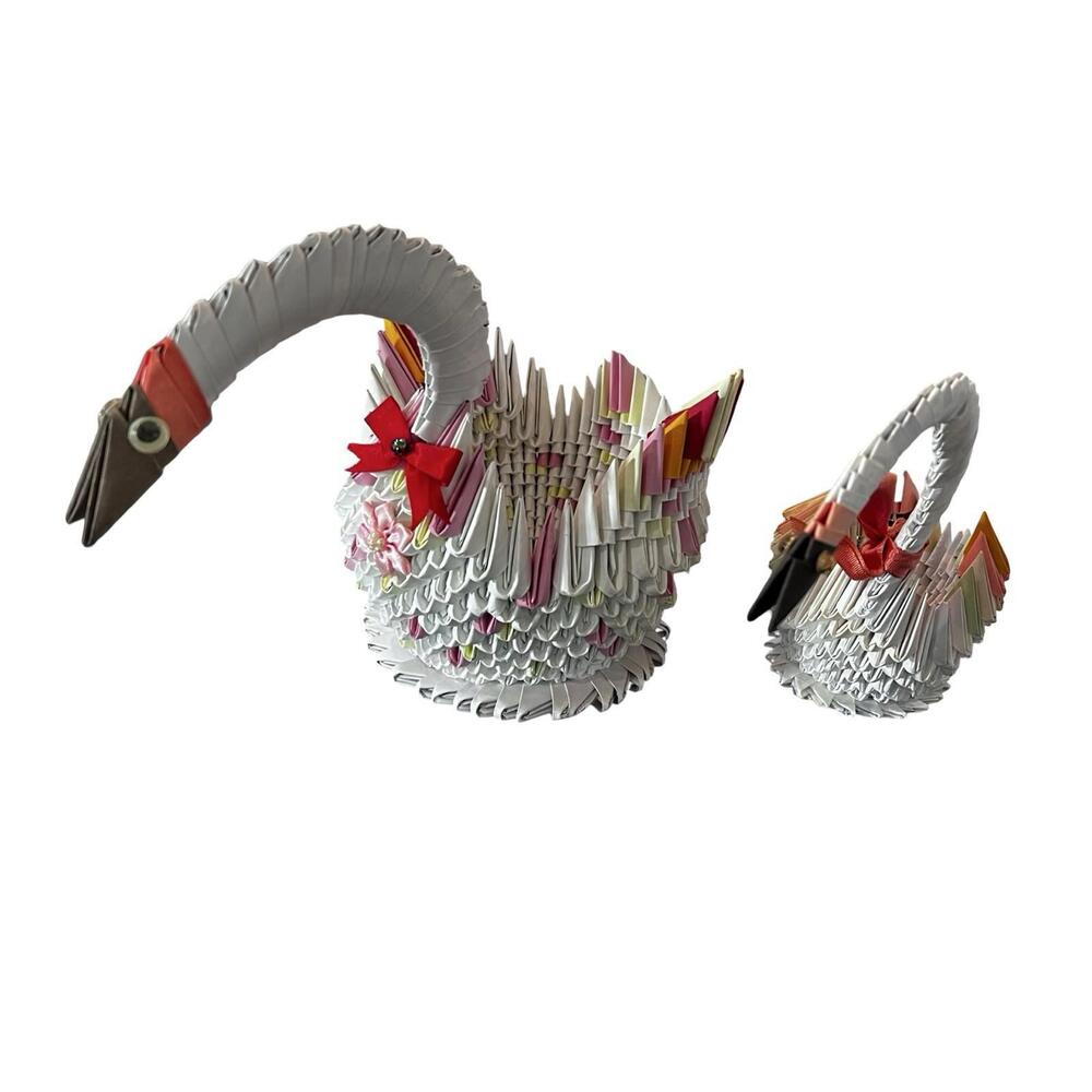 Vintage 2  Origami Swans Paper craft Handmade Artistic Mom & Baby Asian Decor